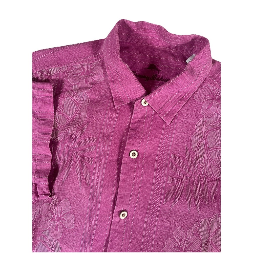 Tommy Bahama Pink Striped Floral Hawaiian Shirt 100% Silk Tropical Beach Men's L